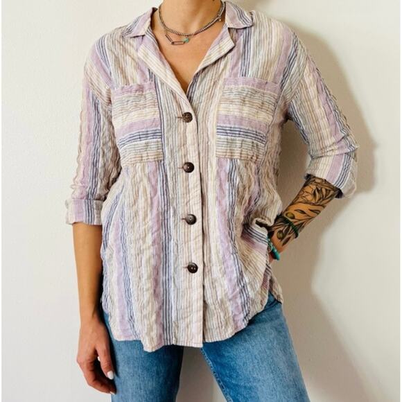 Free People Womens High Tide Button Top Shirt Size M Cotton Blend Stripe Pastel - Picture 2 of 8